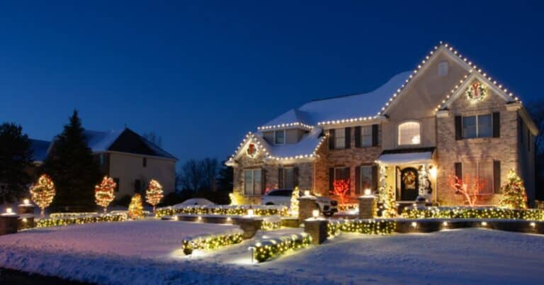 Beautiful home in winter with holiday lighting