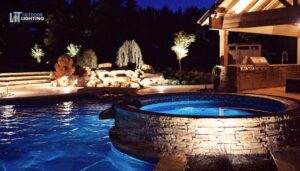 Professionally installed landscape lighting on a front yard