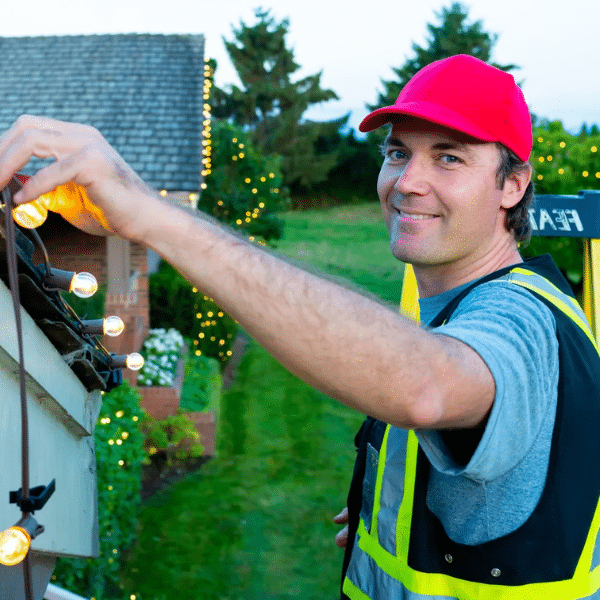 Holiday lighting team installing decorations safely on a residential home